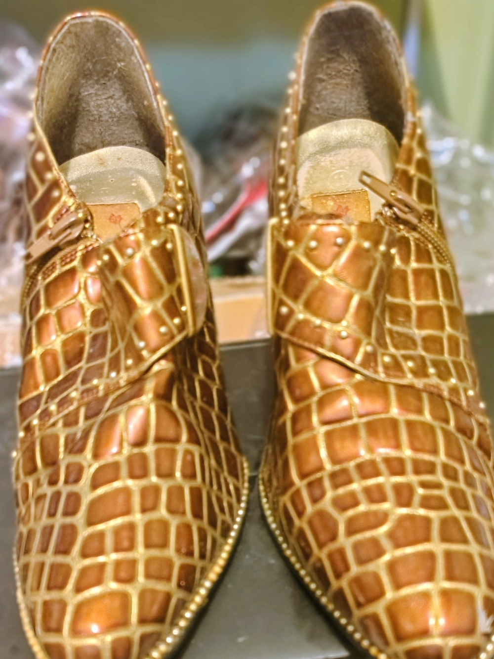 Women's Metallic Croc-Embossed Slip-On Shoes - Gold